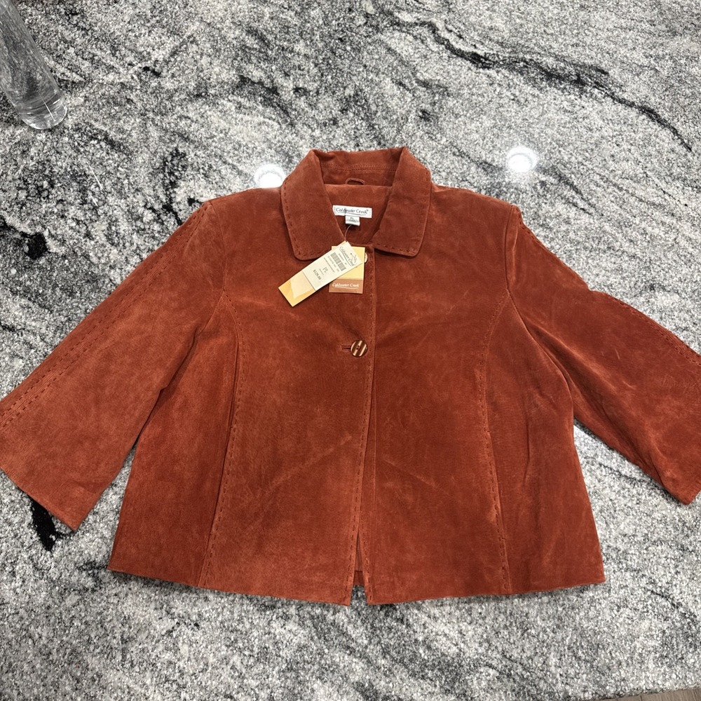 Coldwater Creek Petite Autumn Blaze Suede Leather Stitched Cropped Swing Jacket